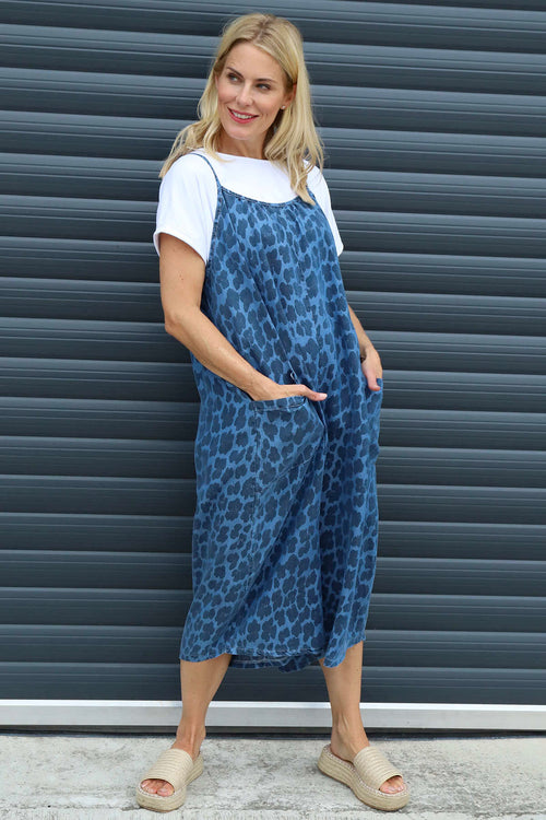 Aviva Leopard Print Denim Jumpsuit Mid Denim