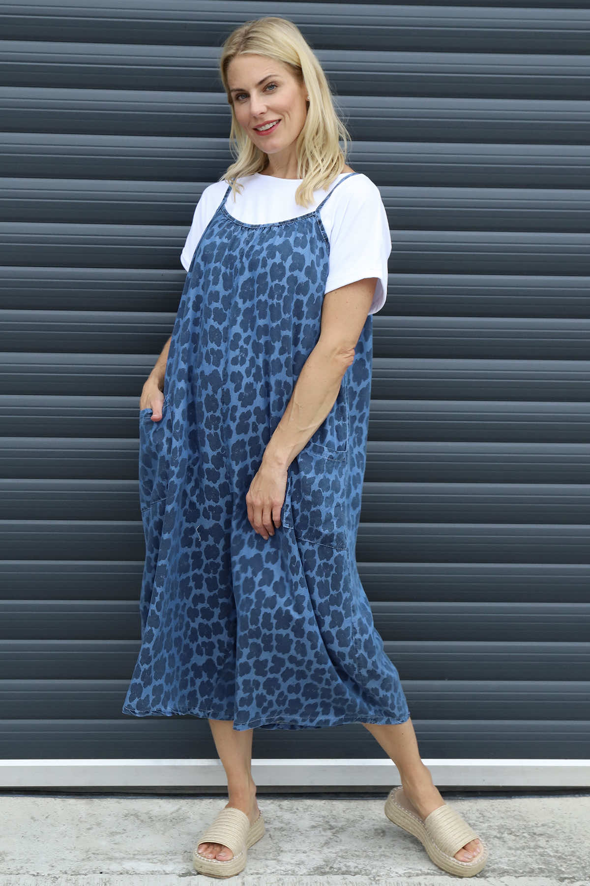 Aviva Leopard Print Denim Jumpsuit Mid Denim
