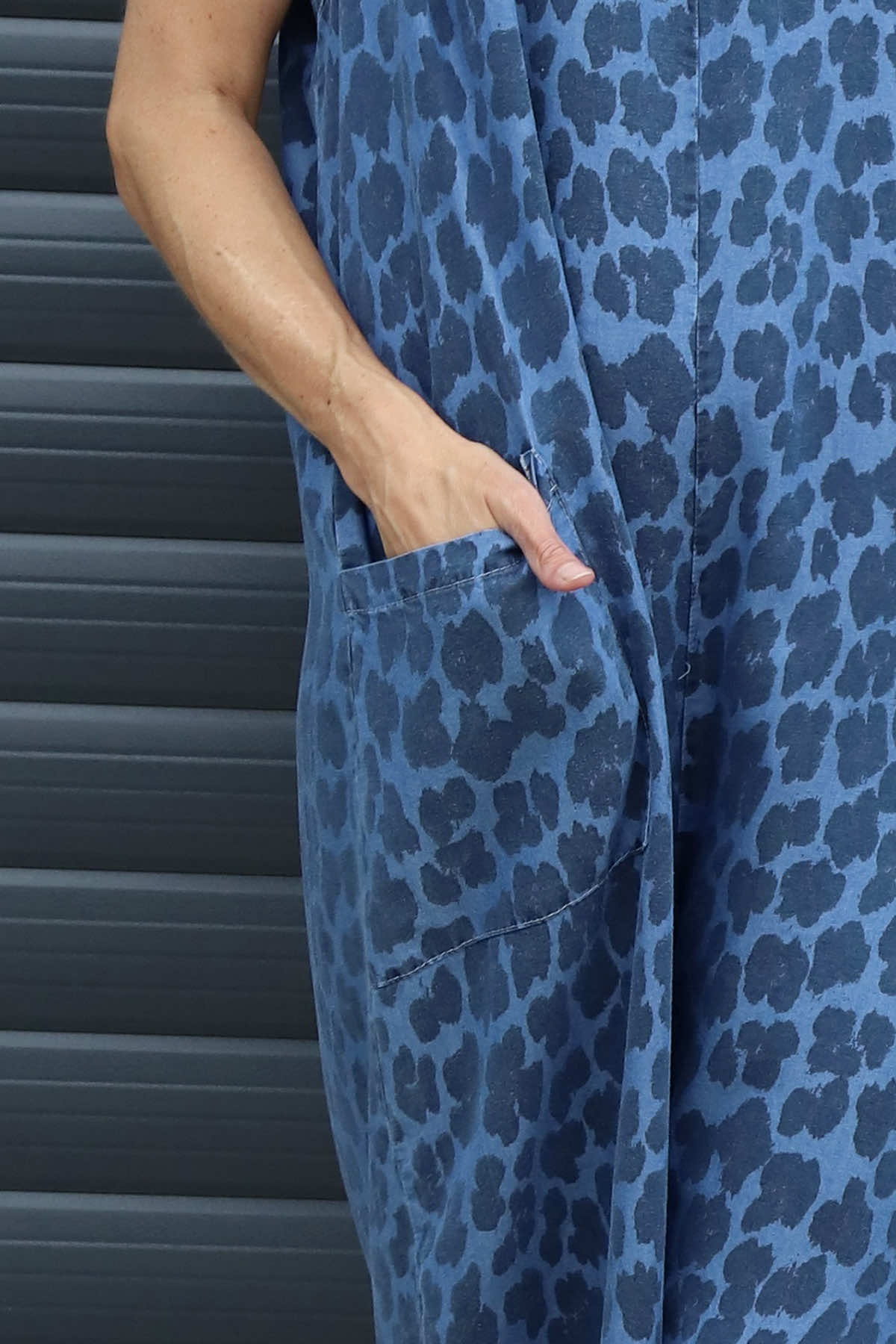 Aviva Leopard Print Denim Jumpsuit Mid Denim