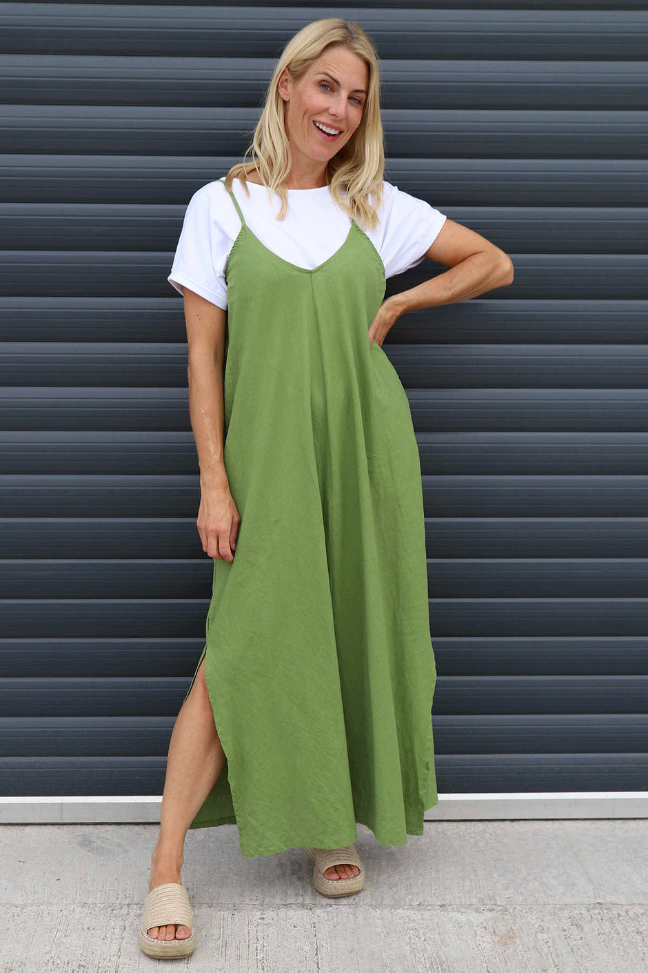 Cesca Strap Linen Dress Olive
