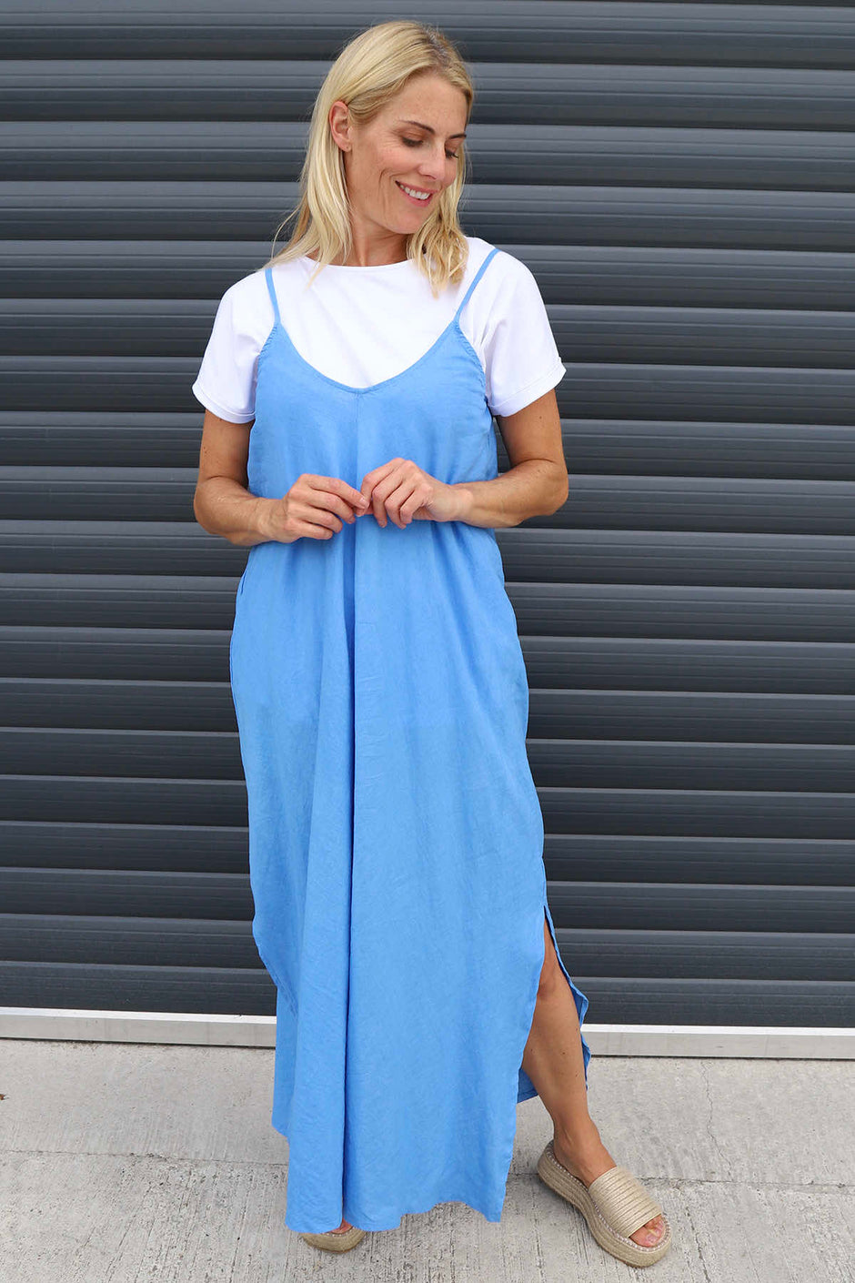 Cesca Strap Linen Dress Powder Blue