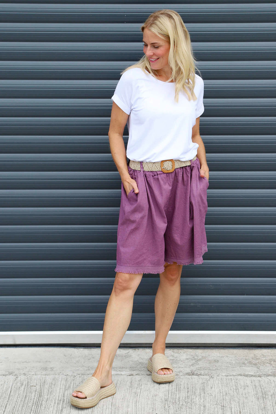 Avery Belted Linen Shorts Purple