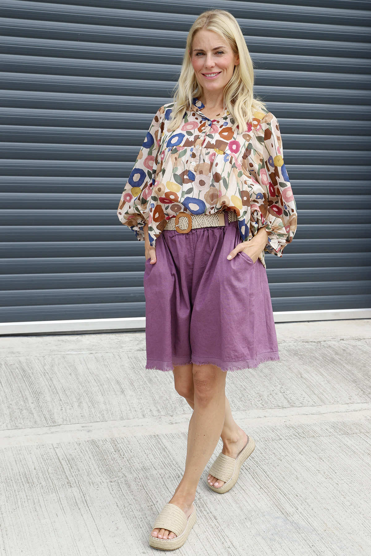 Avery Belted Linen Shorts Purple