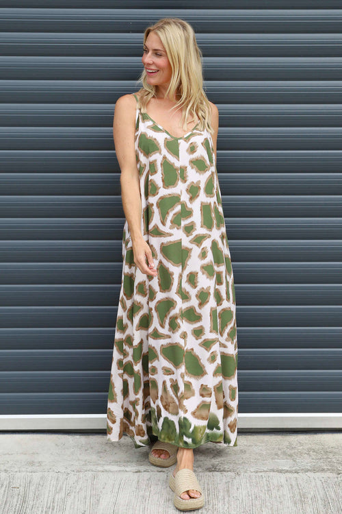 Tempany Print Strap Dress Khaki - Image 1