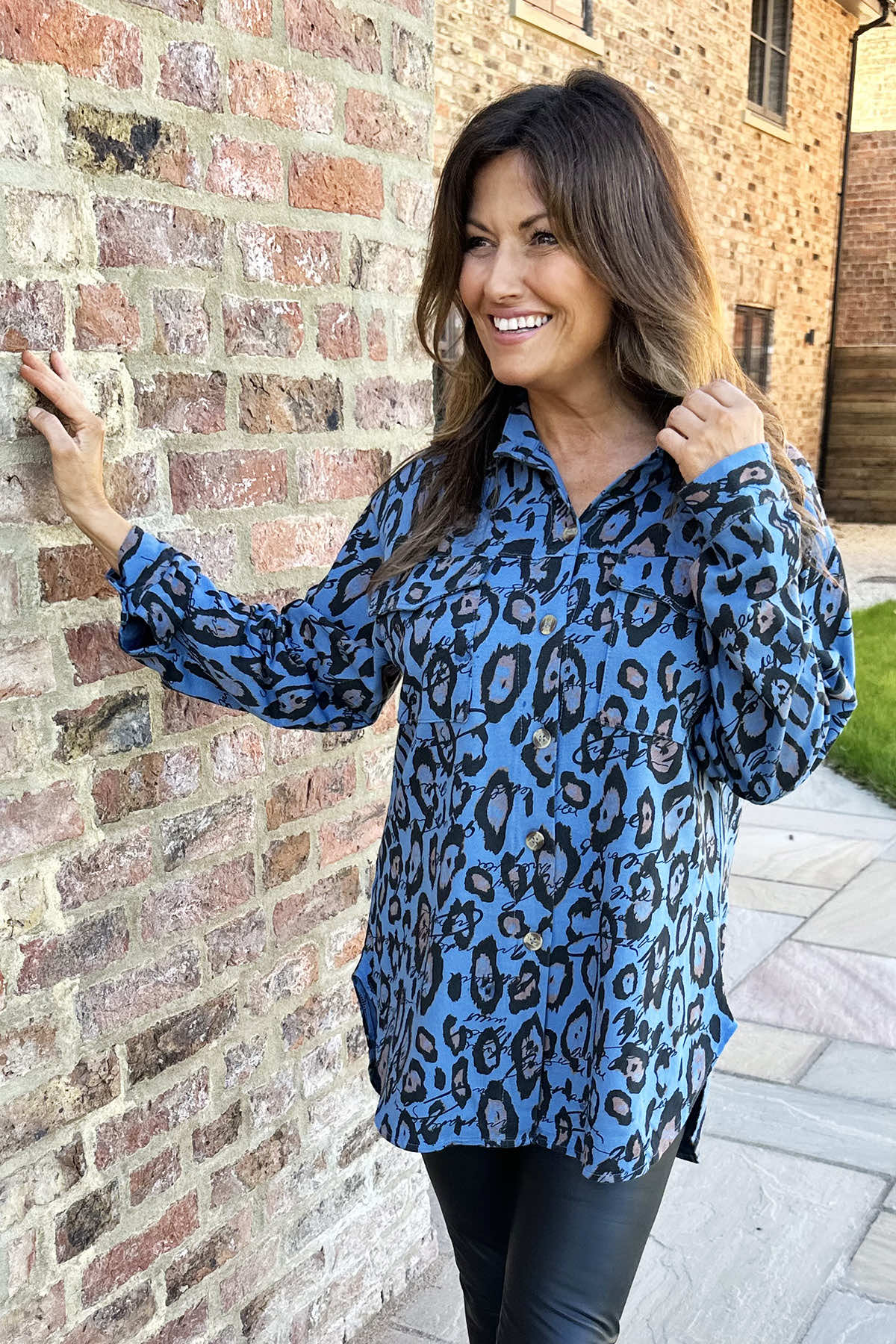 Rosabel Leopard Print Cotton Shirt Blue