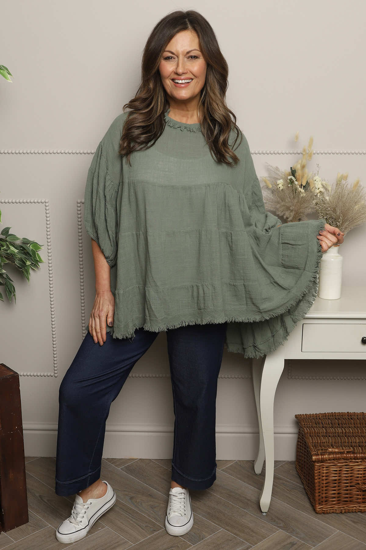 Bingham Tiered Cotton Top Khaki