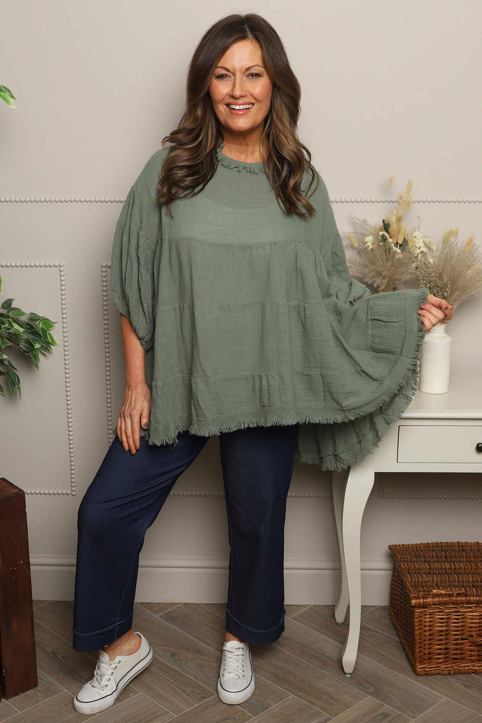 Bingham Tiered Cotton Top Khaki