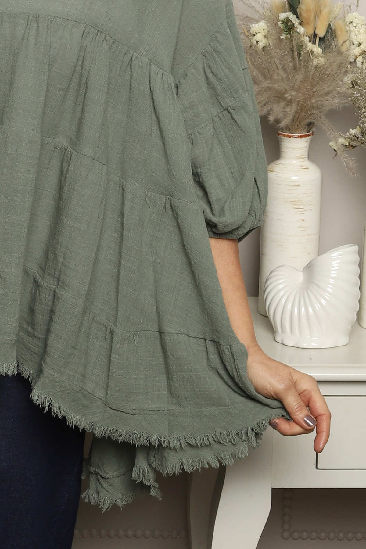 Bingham Tiered Cotton Top Khaki