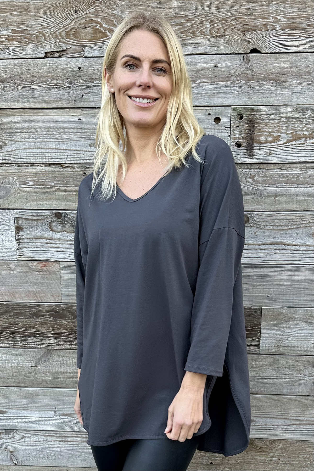 Billie V-Neck Cotton Top Charcoal