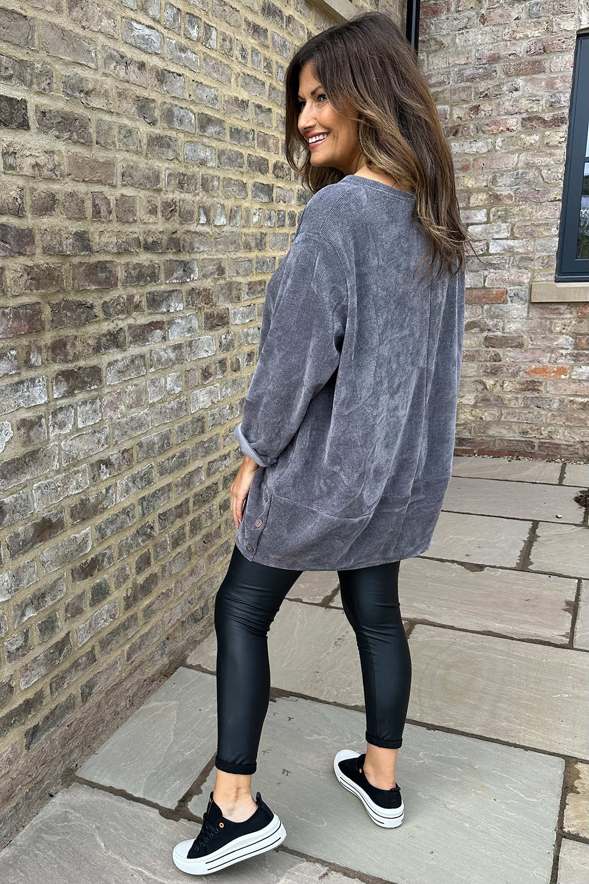 Kiera Button Detail Cord Top Mid Grey