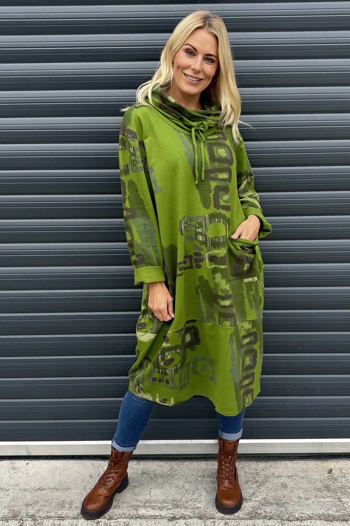 Charlize Print Cowl Neck Cotton Dress Olive