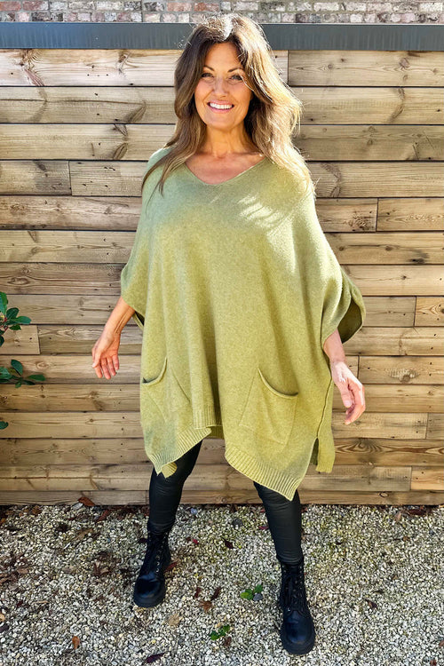 Ellie V-Neck Poncho Jumper Olive - Image 5