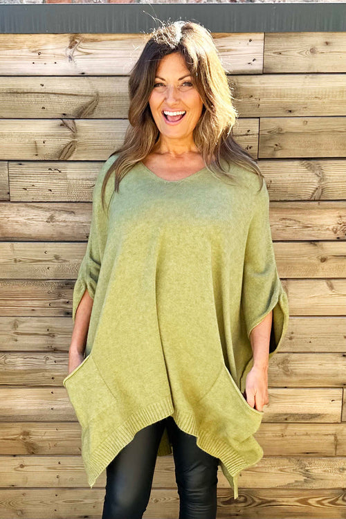 Ellie V-Neck Poncho Jumper Olive - Image 4