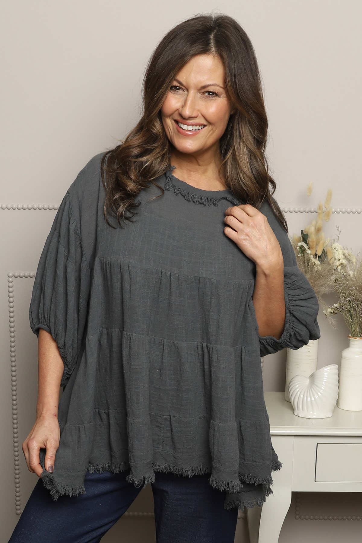 Bingham Tiered Cotton Top Charcoal