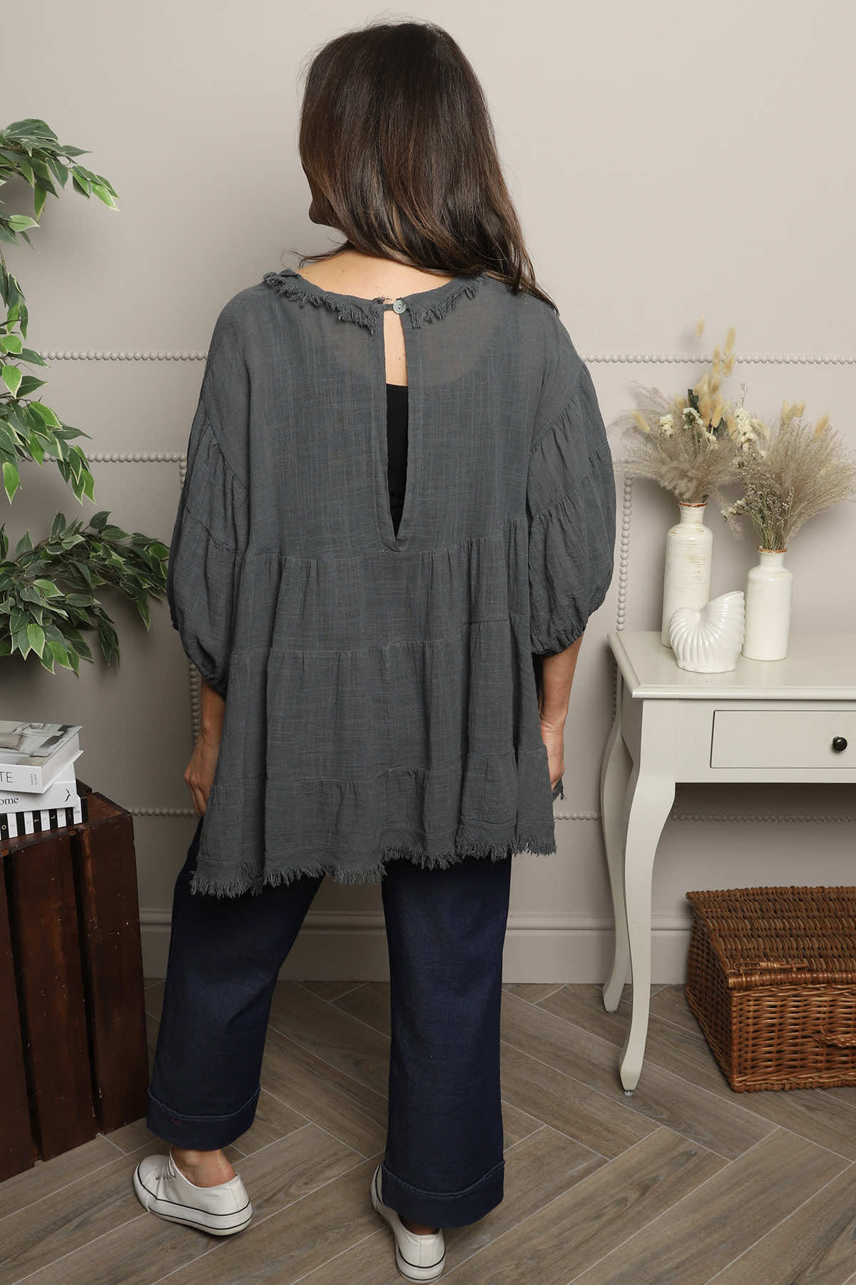 Bingham Tiered Cotton Top Charcoal