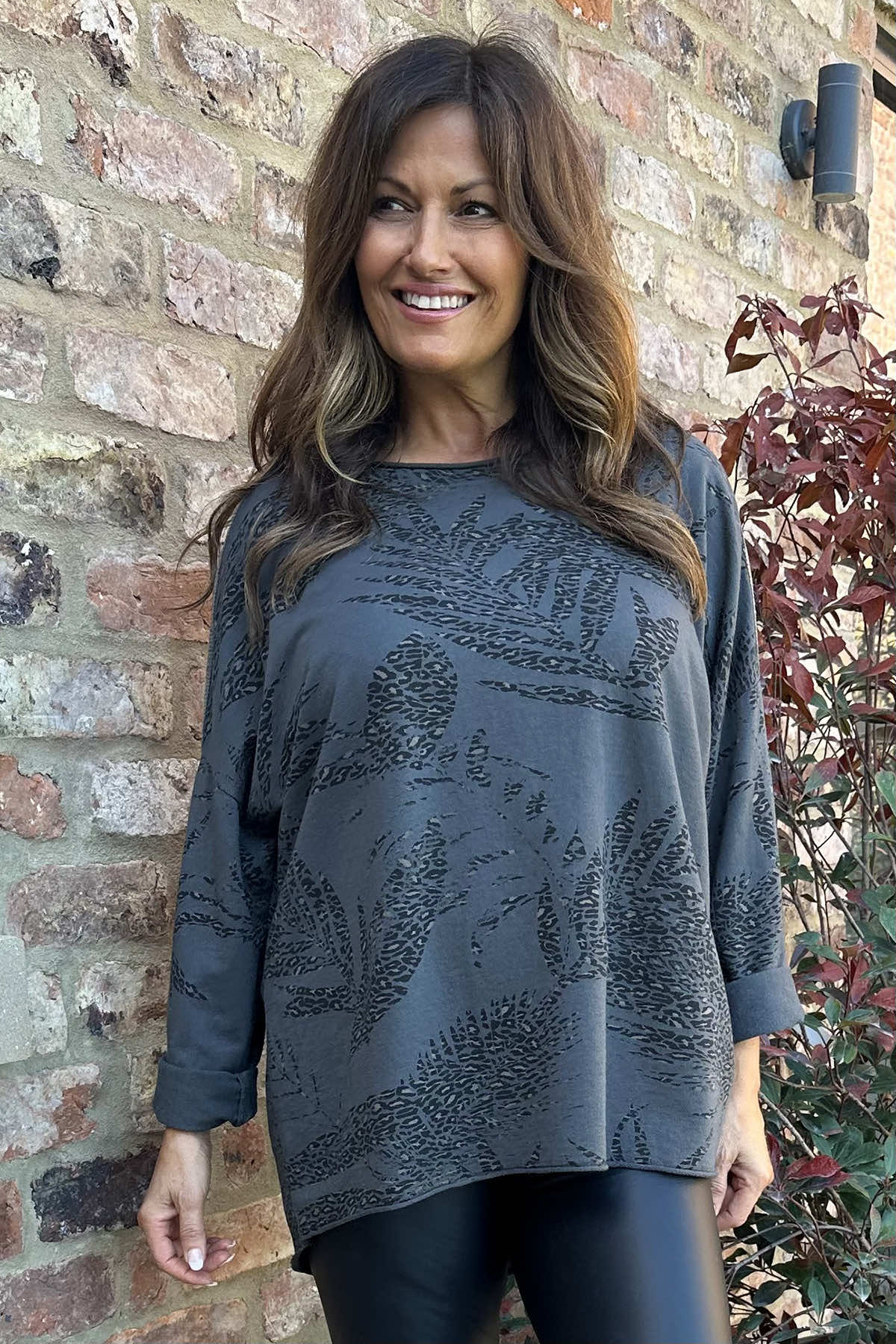 Francesca Print Sequin Shoulder Cotton Top Mid Grey