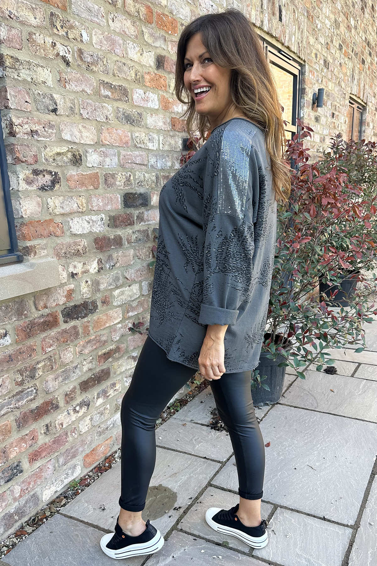 Francesca Print Sequin Shoulder Cotton Top Mid Grey