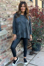 Francesca Print Sequin Shoulder Cotton Top Mid Grey Mid Grey - Francesca Print Sequin Shoulder Cotton Top Mid Grey