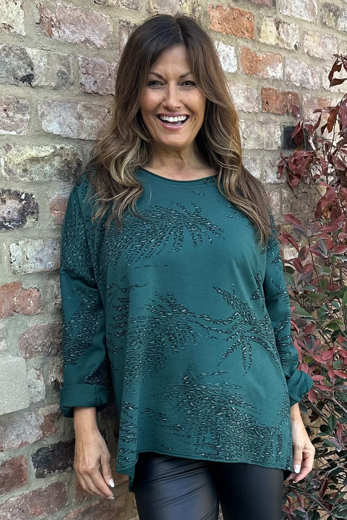 Francesca Print Sequin Shoulder Cotton Top Bottle Green