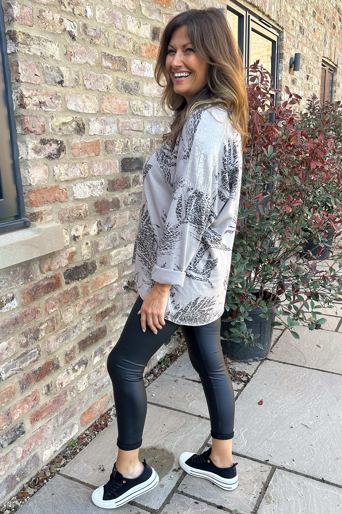 Francesca Print Sequin Shoulder Cotton Top Mocha