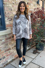 Francesca Print Sequin Shoulder Cotton Top Mocha Mocha - Francesca Print Sequin Shoulder Cotton Top Mocha