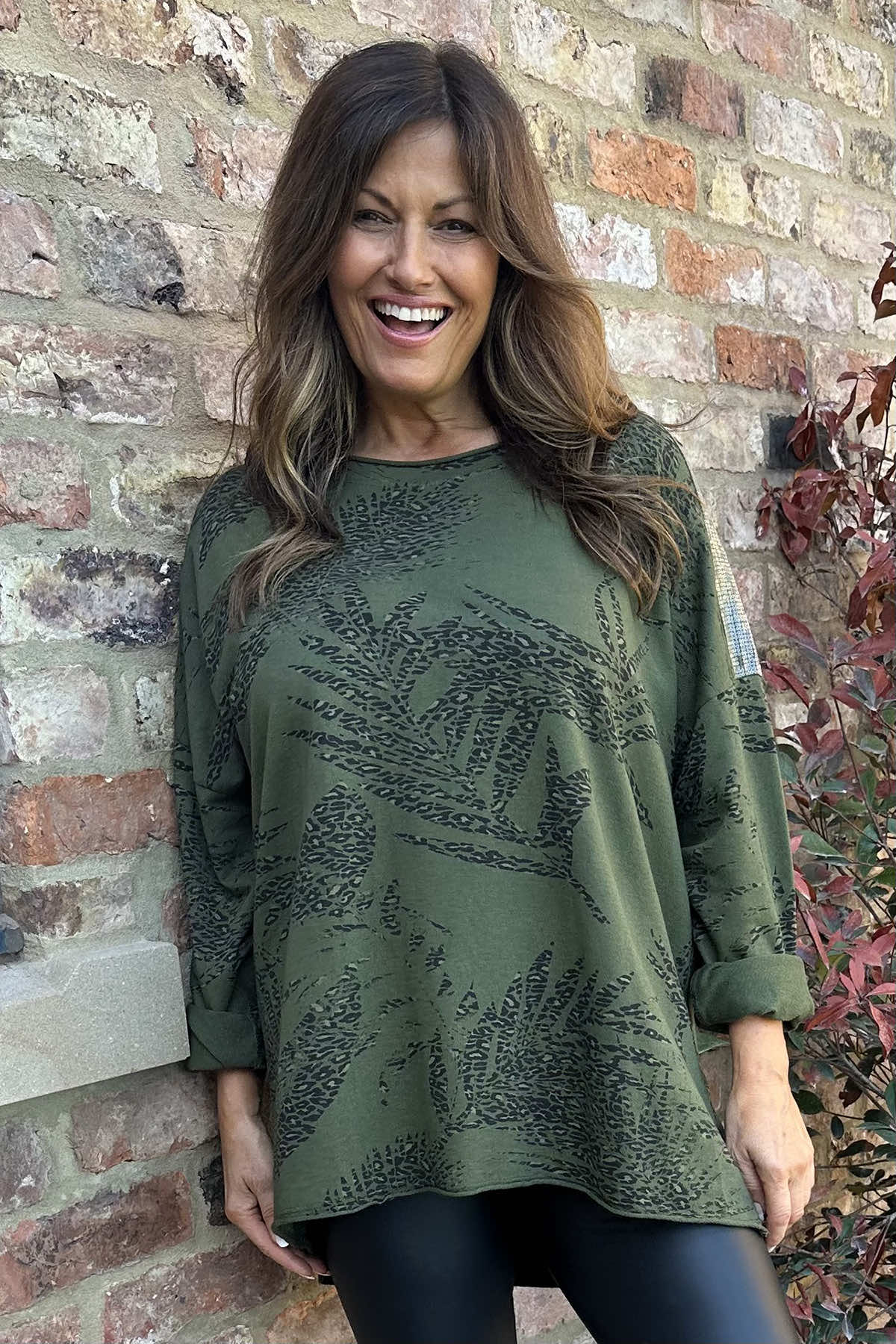 Francesca Print Sequin Shoulder Cotton Top Khaki