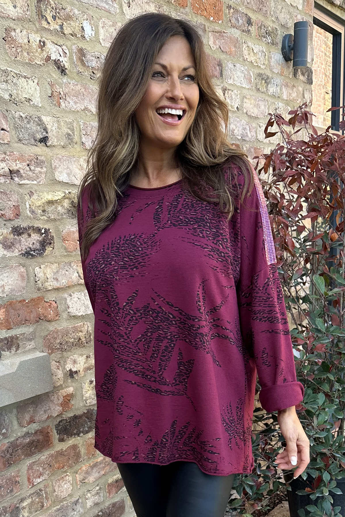 Francesca Print Sequin Shoulder Cotton Top Wine