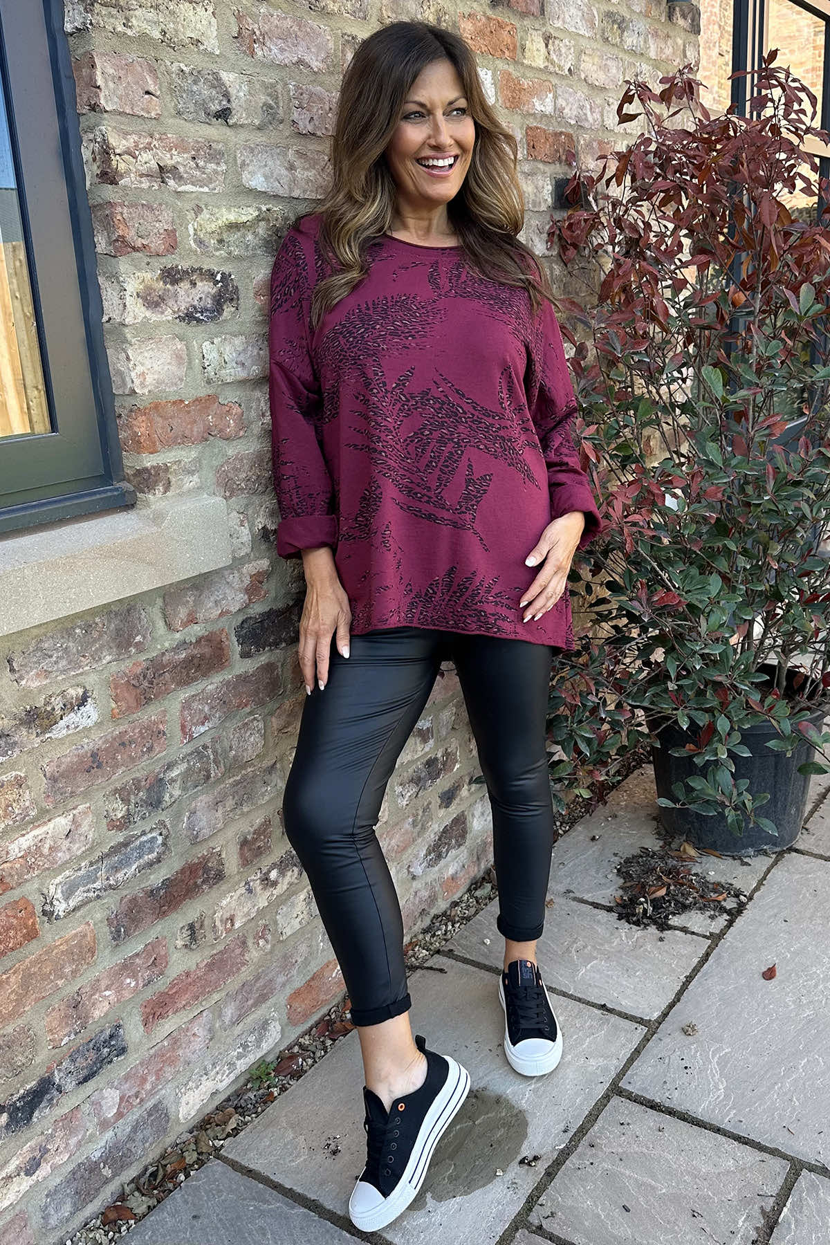 Francesca Print Sequin Shoulder Cotton Top Wine