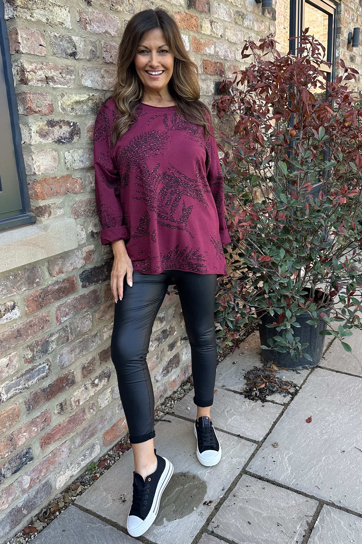 Francesca Print Sequin Shoulder Cotton Top Wine