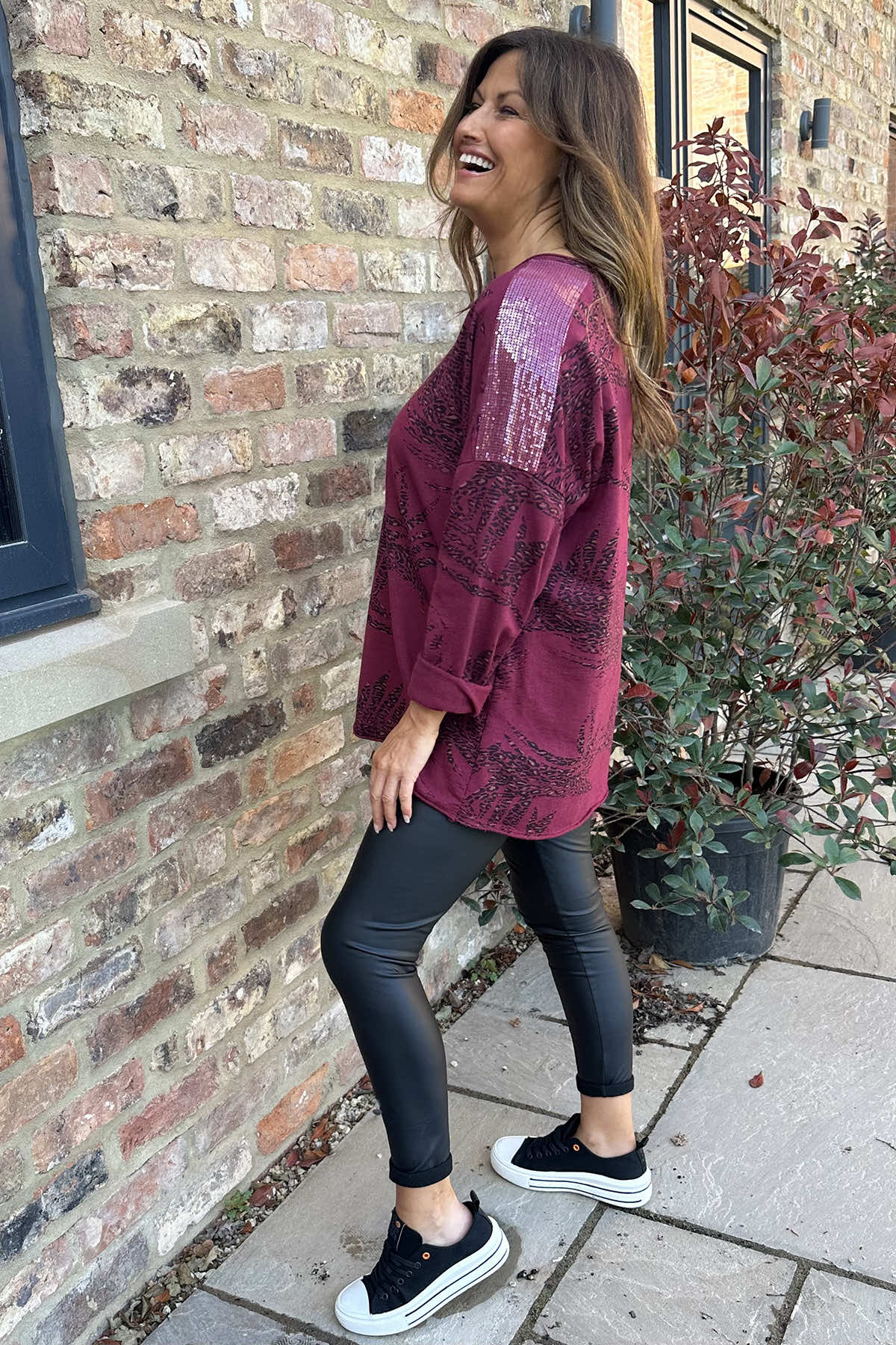 Francesca Print Sequin Shoulder Cotton Top Wine