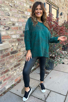 Francesca Print Sequin Shoulder Cotton Top Bottle Green