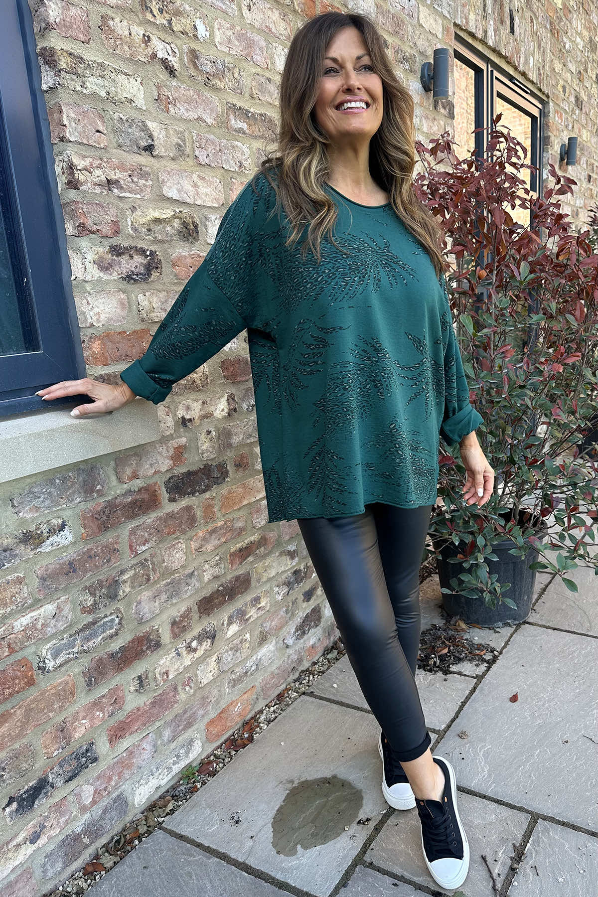 Francesca Print Sequin Shoulder Cotton Top Bottle Green