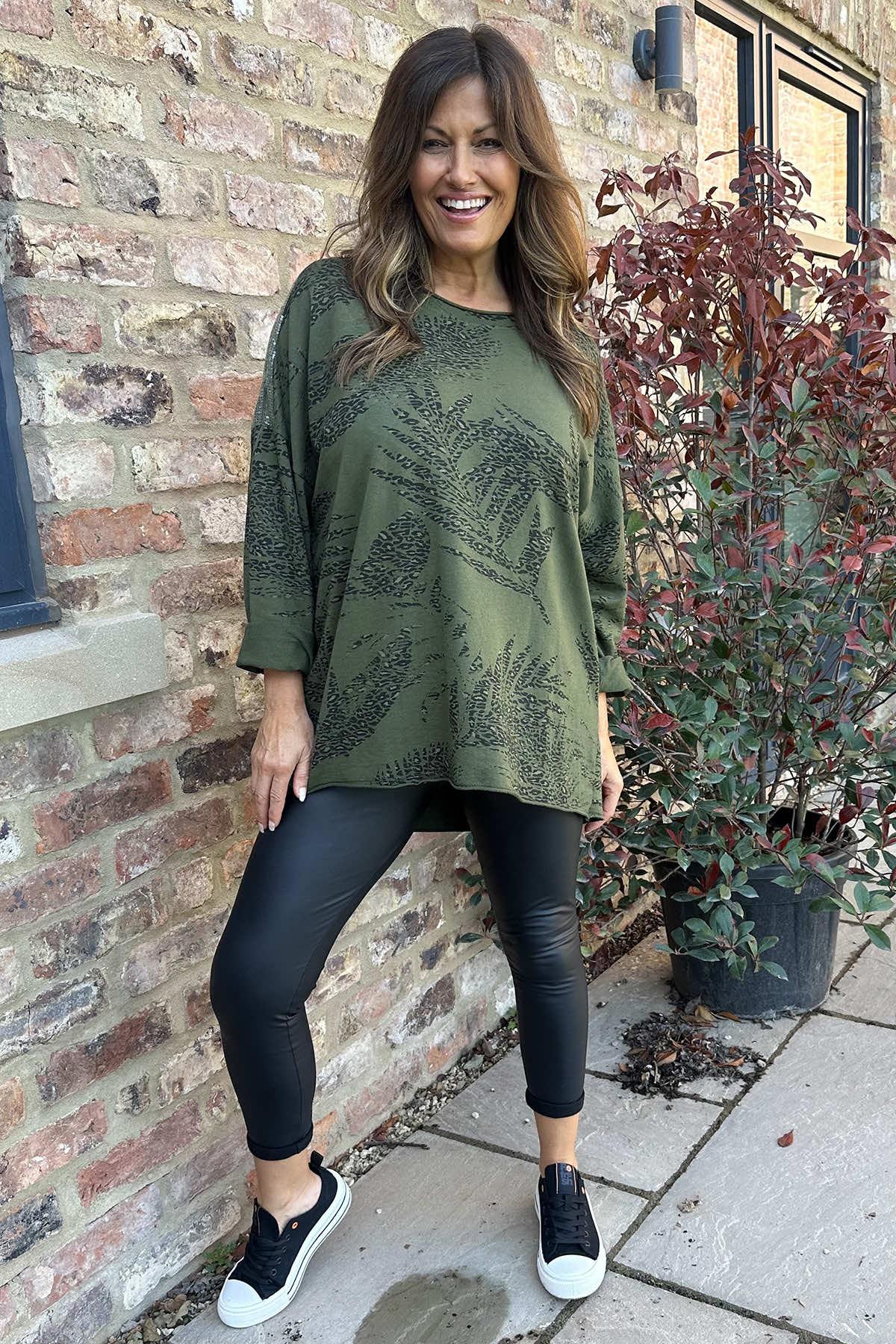 Francesca Print Sequin Shoulder Cotton Top Khaki