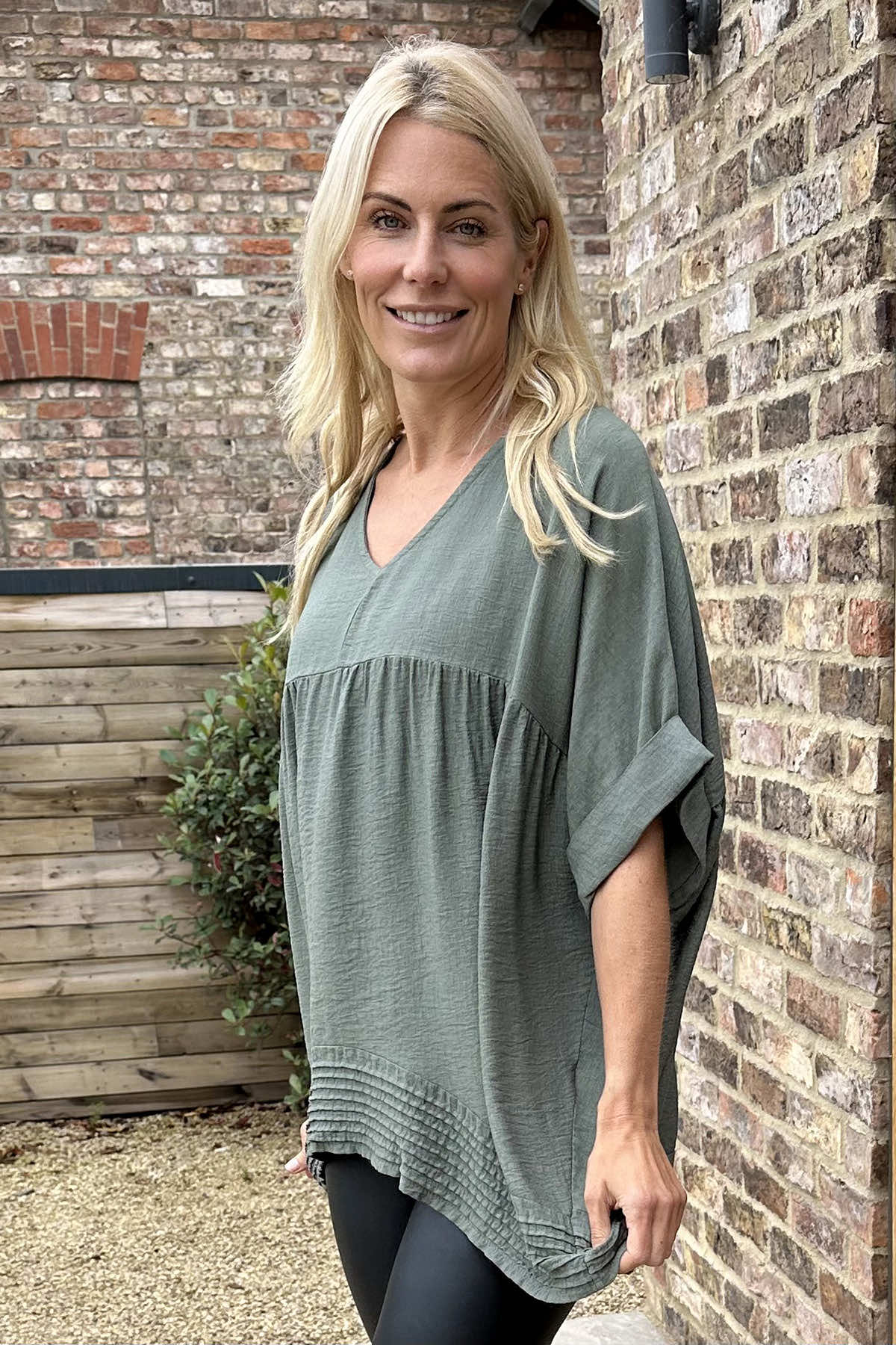 Allison Pleat Hem Top Khaki