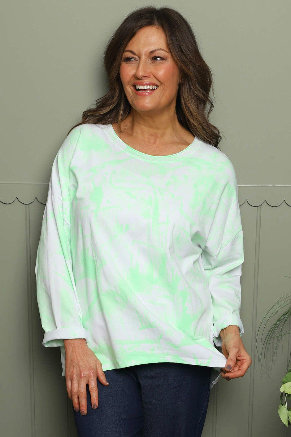 Charnette Long Sleeve Tie Dye Cotton Top Green