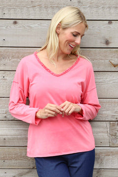 Kinsley Washed V-Neck Cotton Top Red