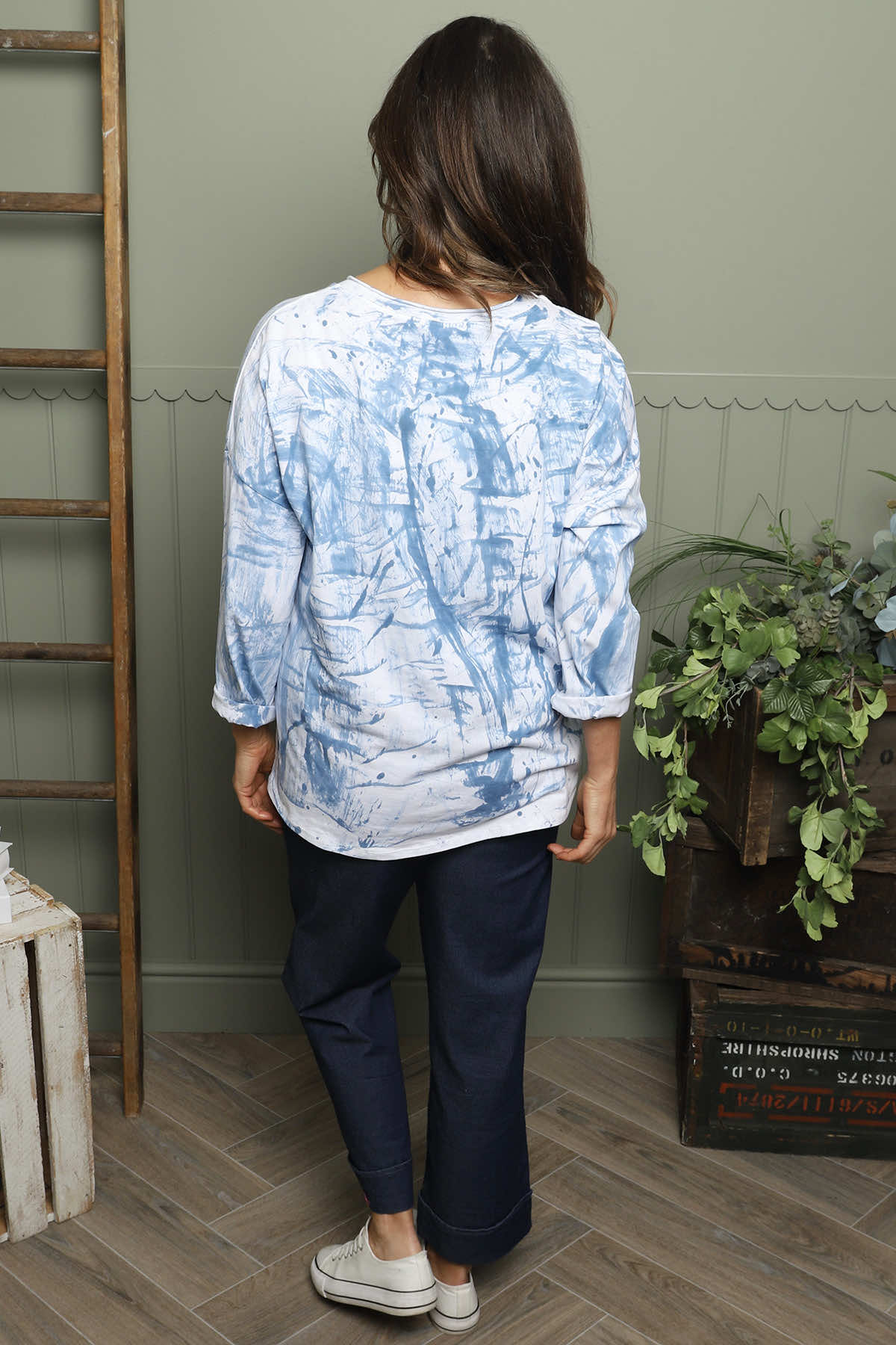 Charnette Long Sleeve Tie Dye Cotton Top Blue