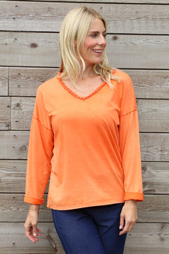 Kinsley Washed V-Neck Cotton Top Orange