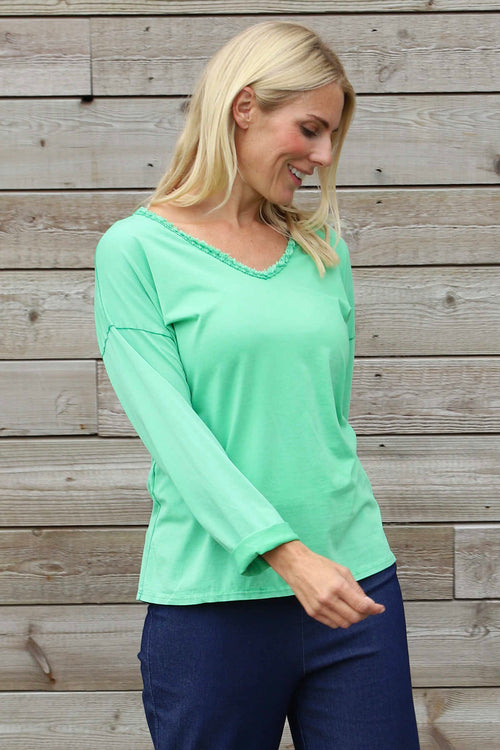 Kinsley Washed V-Neck Cotton Top Green - Image 1