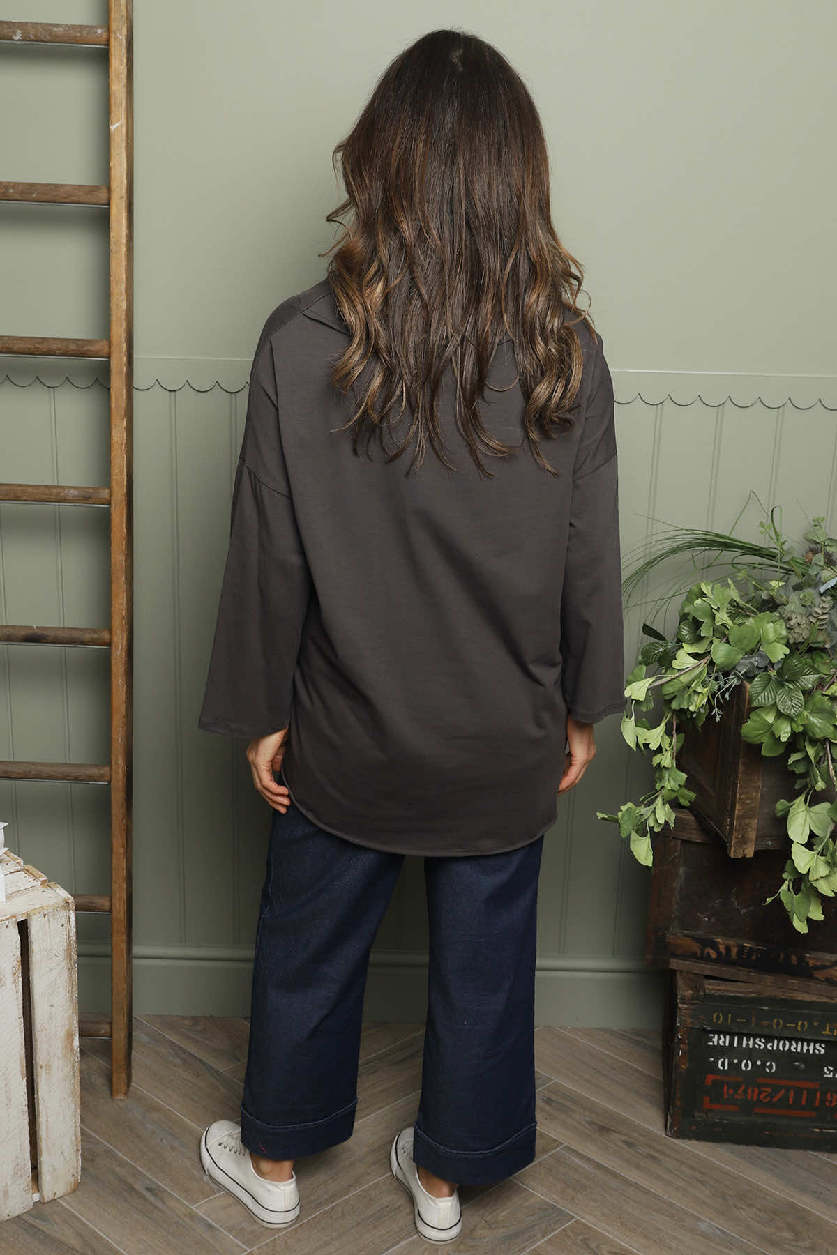 Trecia V-Neck Cotton Top Charcoal