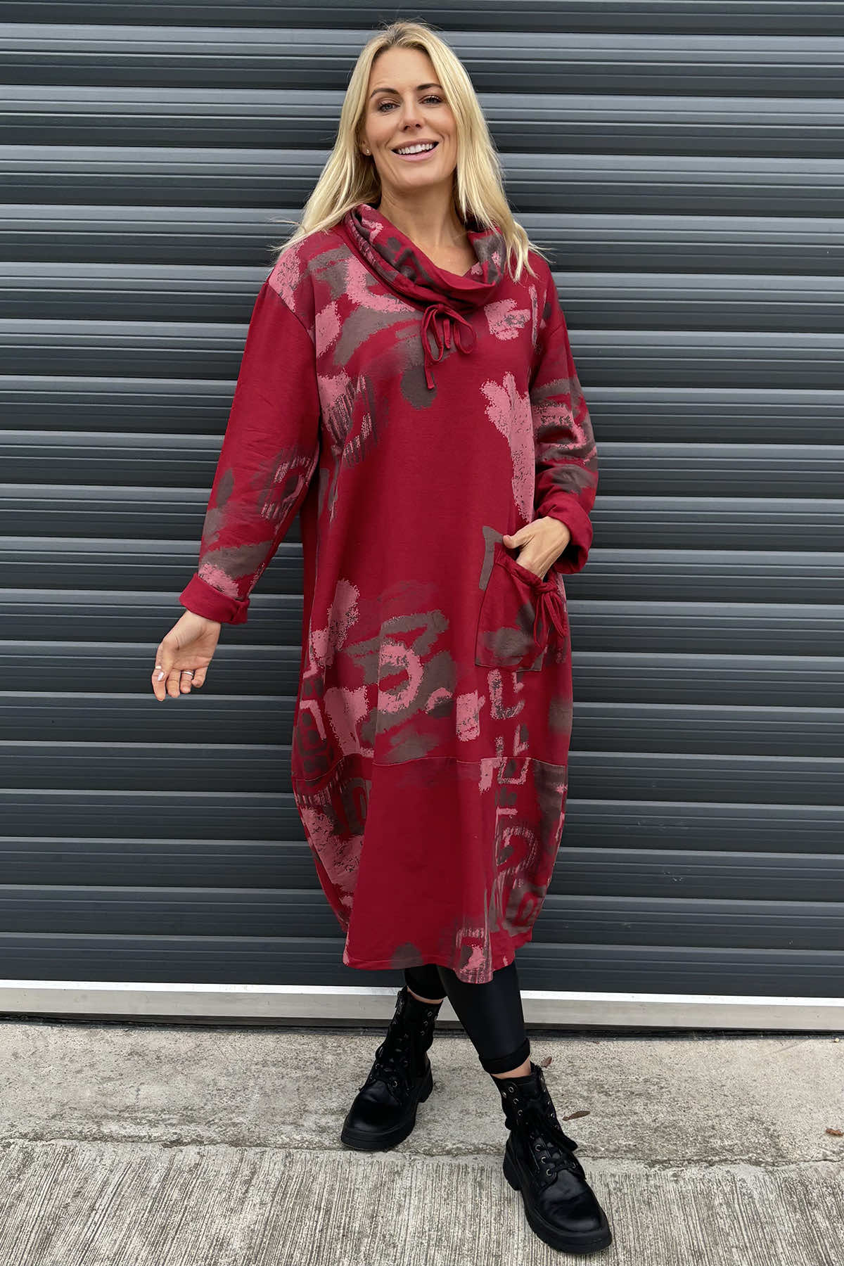 Charlize Print Cowl Neck Cotton Dress Red