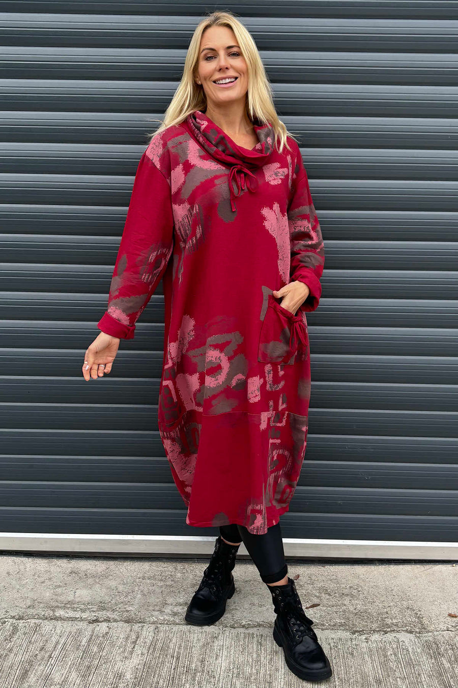 Charlize Print Cowl Neck Cotton Dress Red