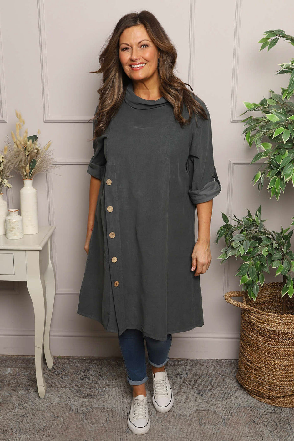 Kevina Cowl Needlecord Tunic Charcoal