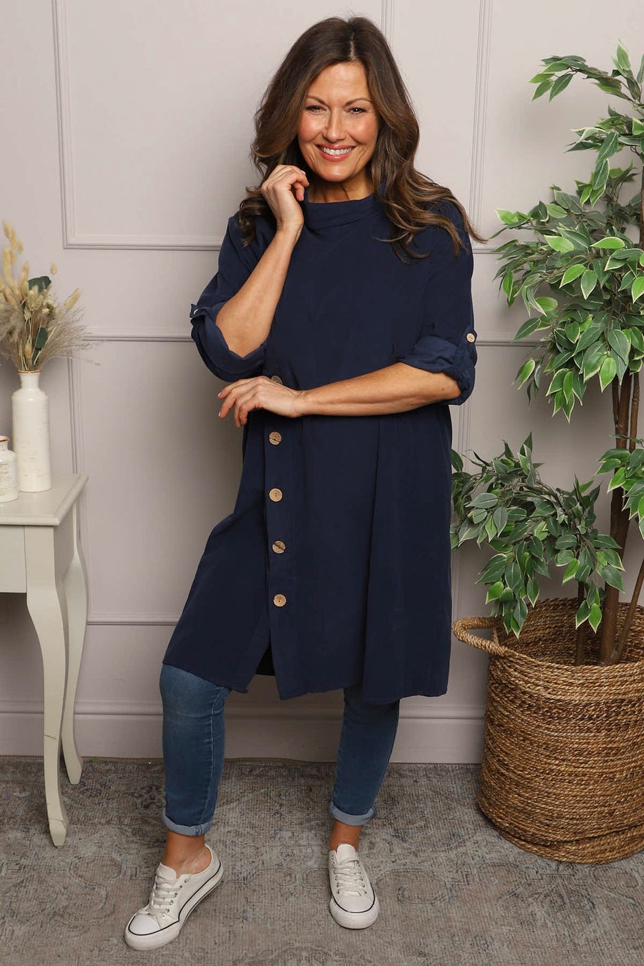 Kevina Cowl Needlecord Tunic Navy