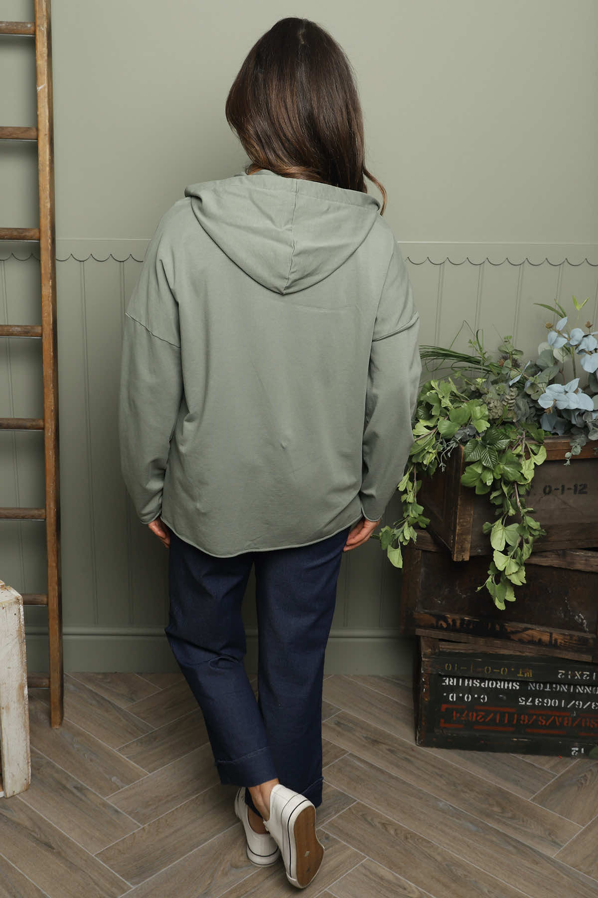 Dariana Zip Hooded Cotton Top Khaki