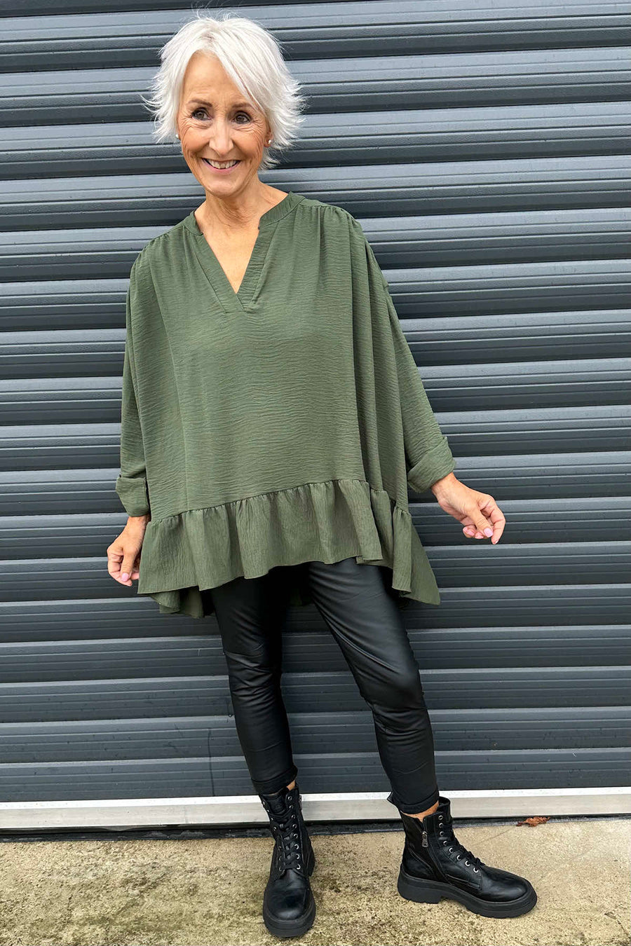 Margaux V-Neck Frill Top Khaki