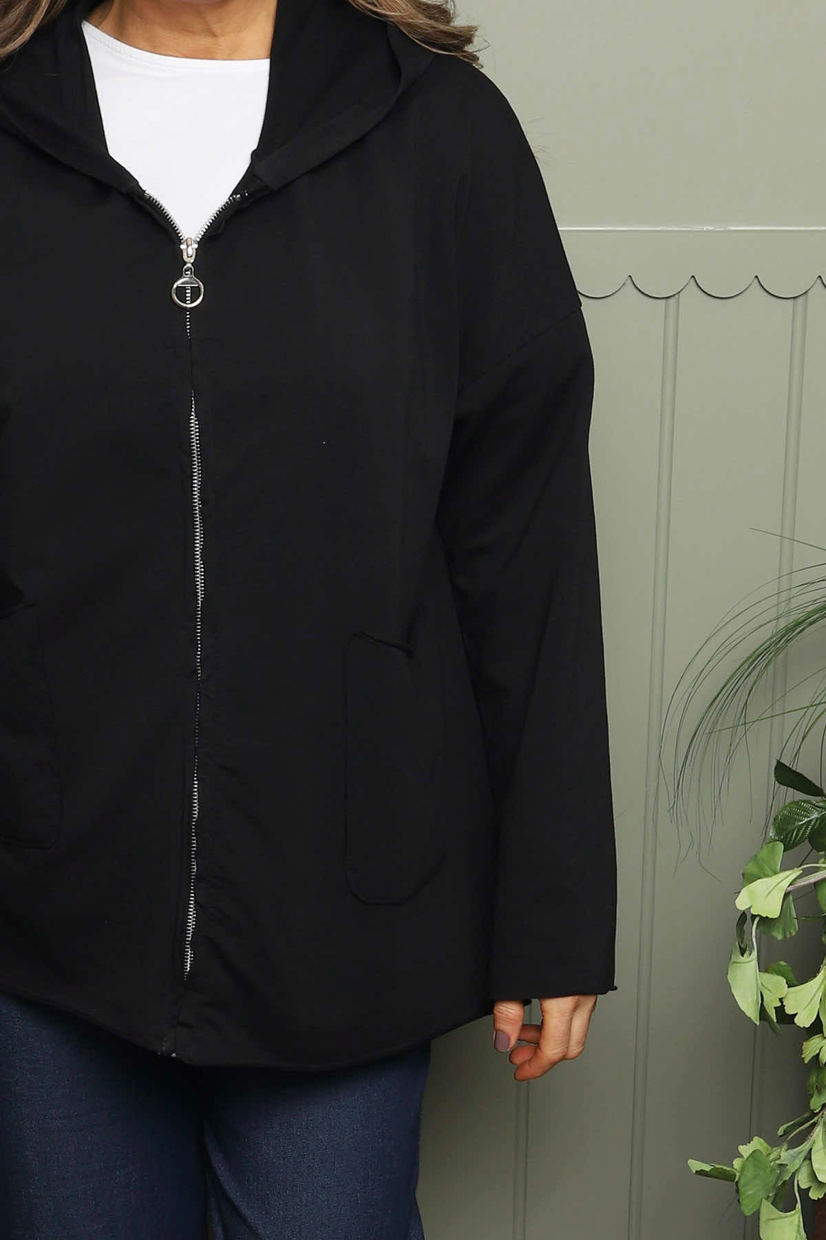 Dariana Zip Hooded Cotton Top Black
