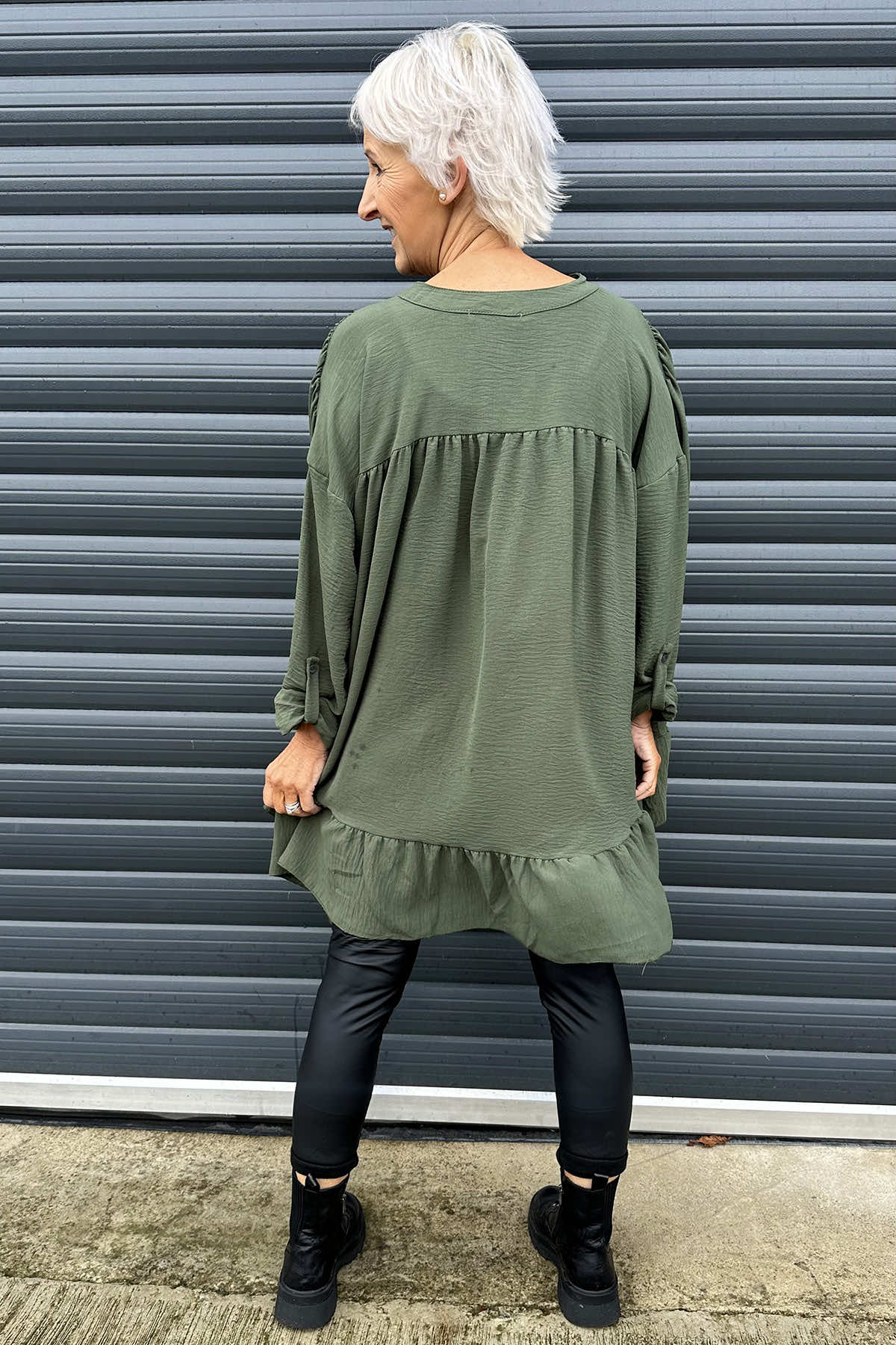 Margaux V-Neck Frill Top Khaki