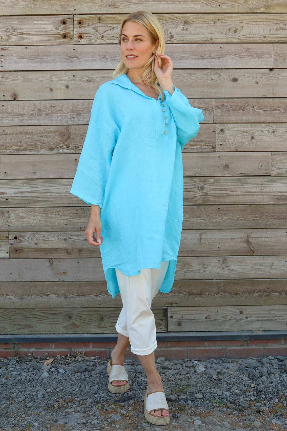 Tarna Button Linen Tunic Kingfisher