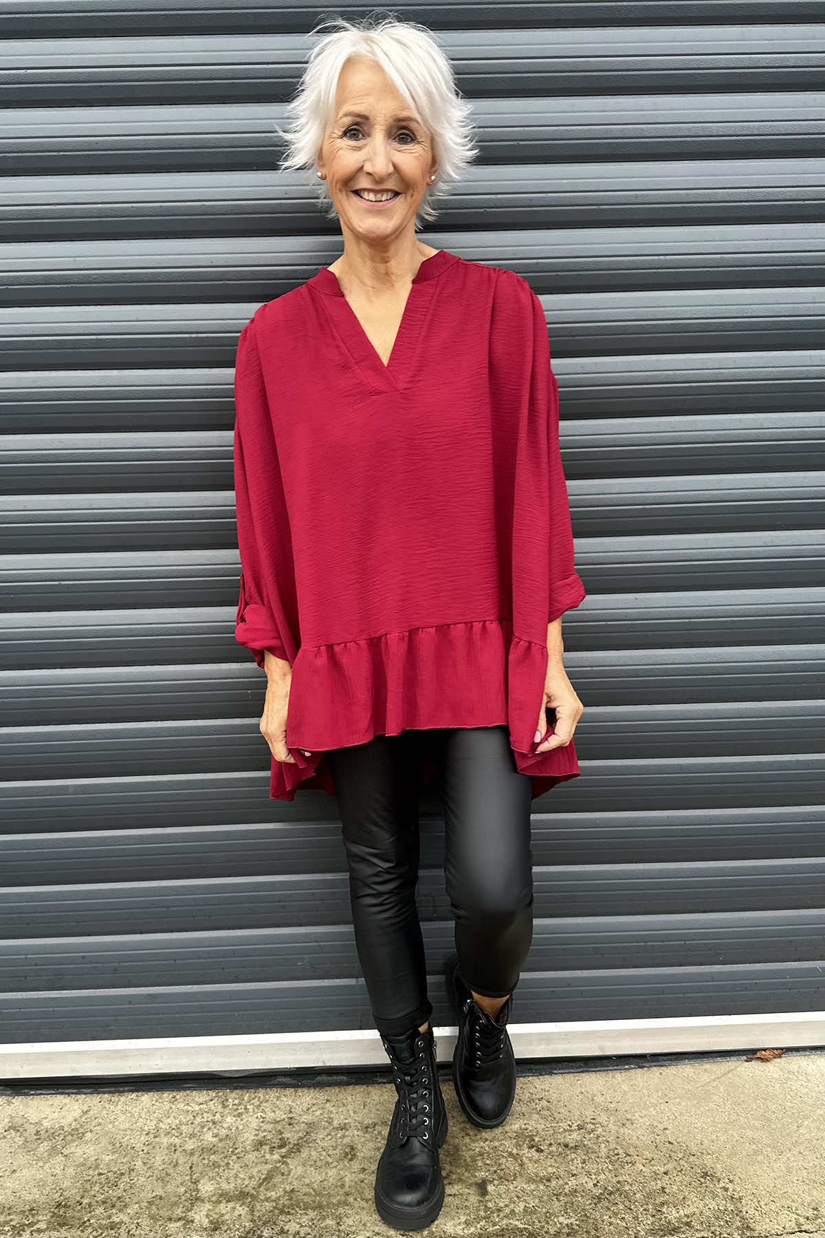 Margaux V-Neck Frill Top Red